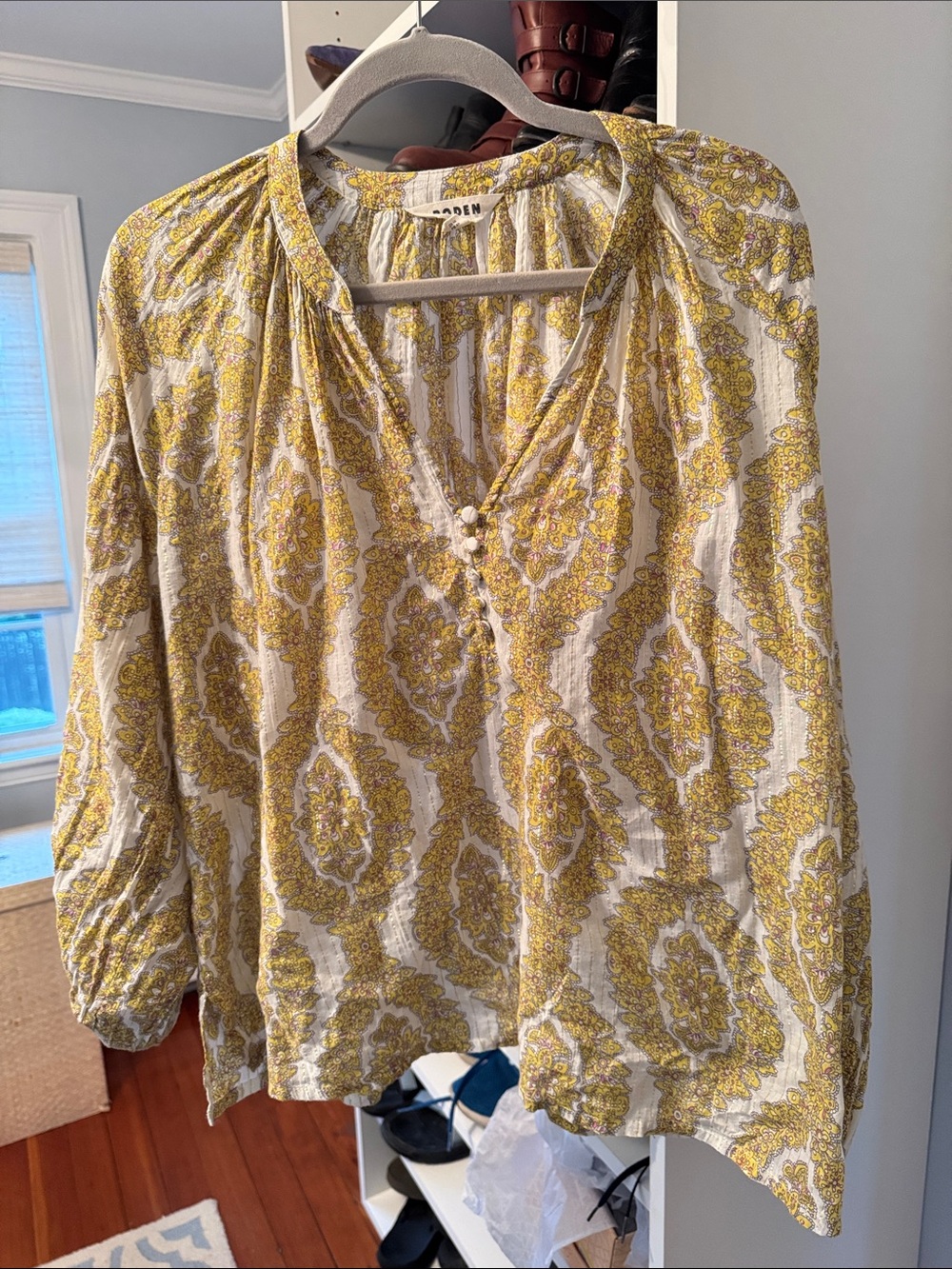 Boden Yellow Paisley V-Neck Peasant Blouse
